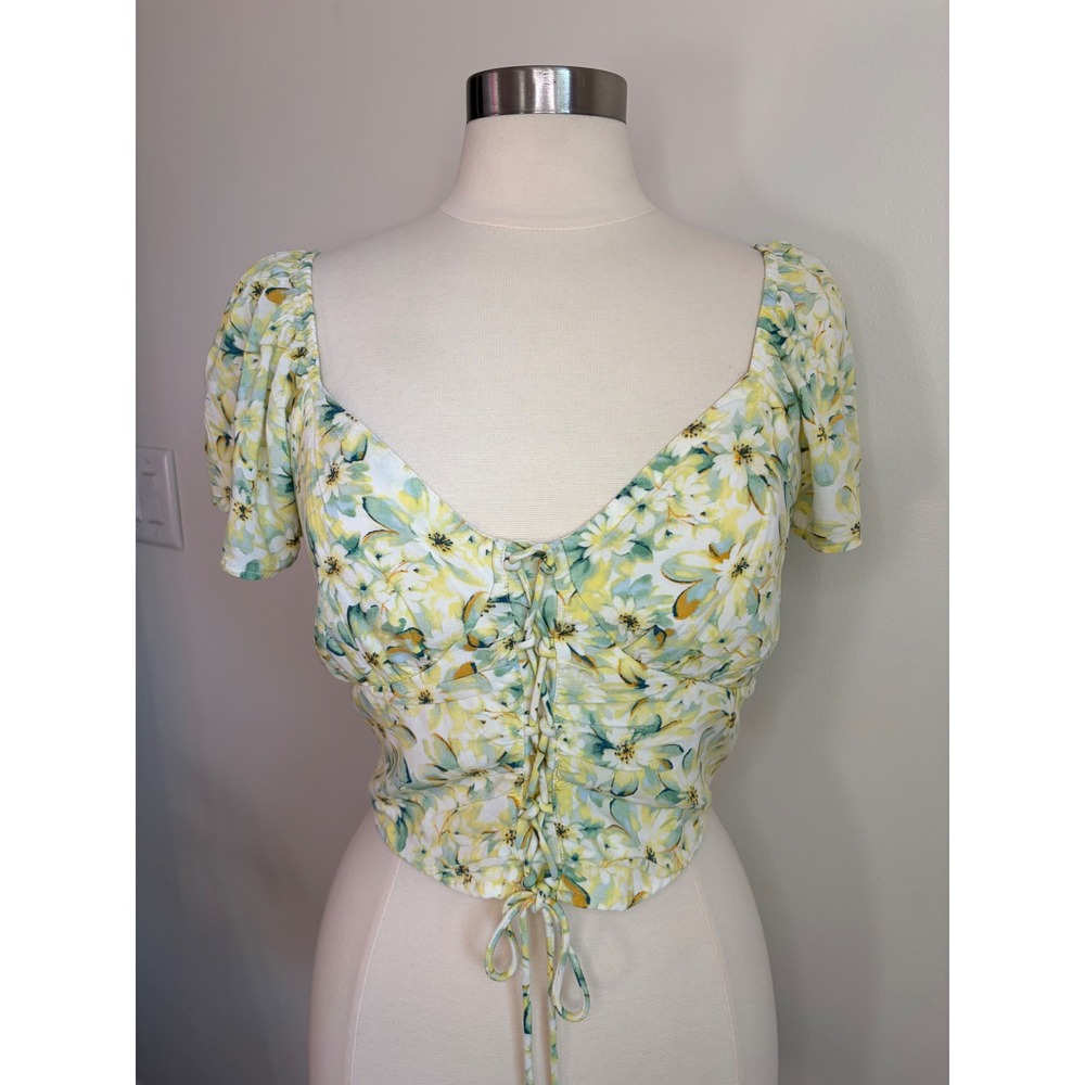 American Eagle Floral Lace Up Smocked Back Crop Top Yellow Green L Feminine Boho
